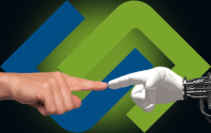 Hand von Mensch und Hand von Roboter/Maschine berühren sich vor encom Logo